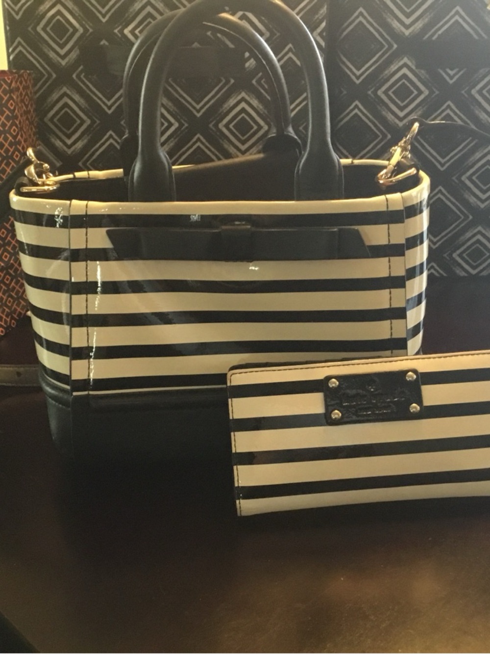 kate spade Black and Cream Striped Patent Tote with Matching Wallet